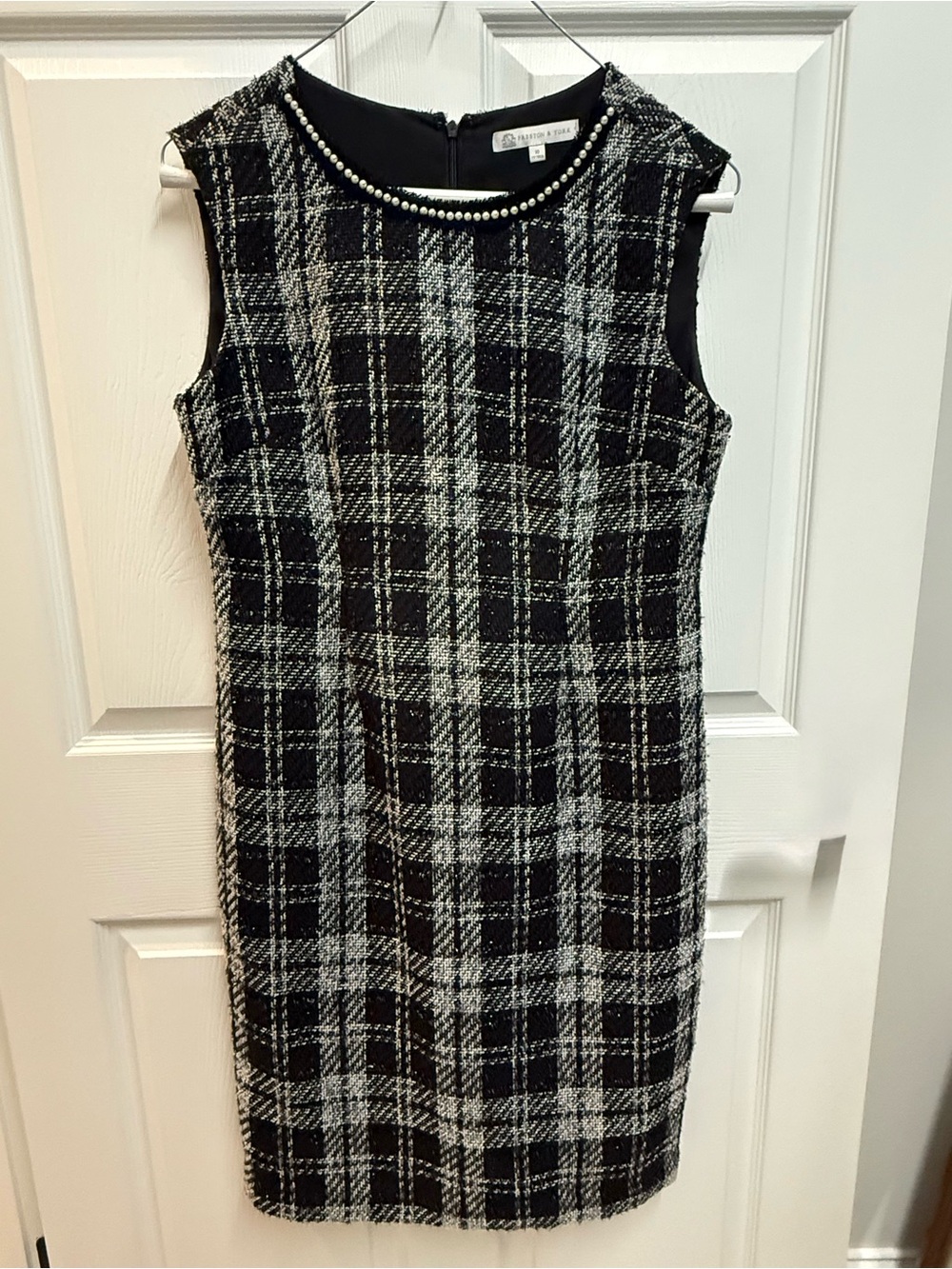 Preston & York, Black & White Plaid Tweed Sheath Dress with Pearl Trim
